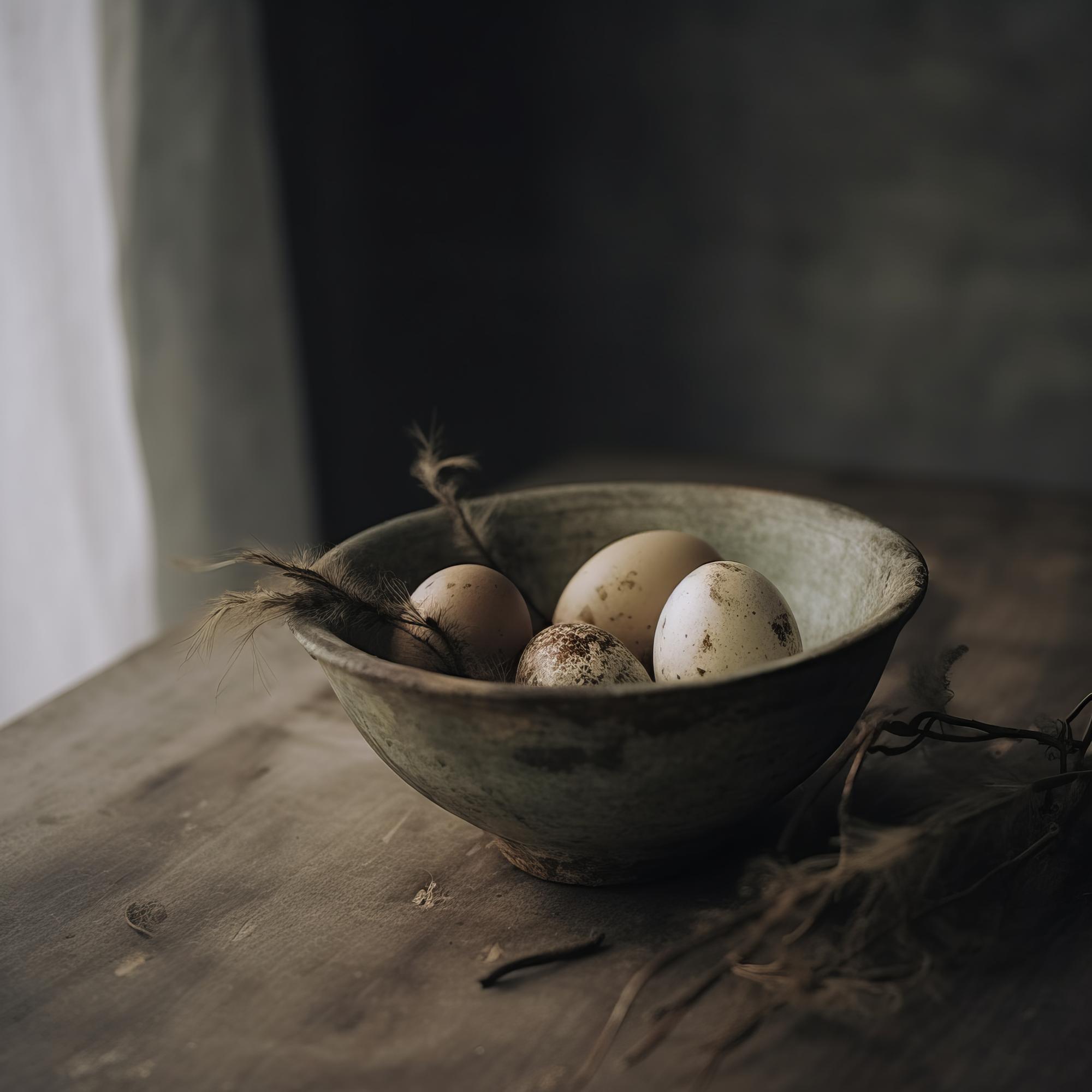 Large editorial shot of a finished rustic bowl on a dark table