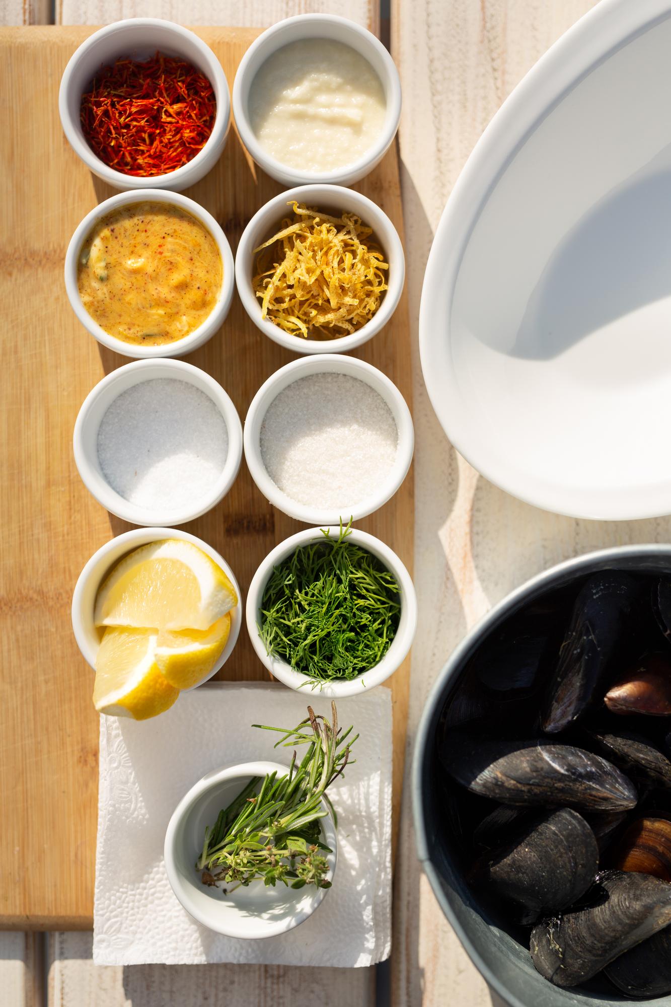A quick mise en place of ingredients in small bowls